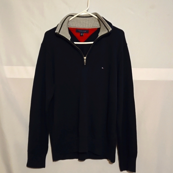 Vintage, Tommy Hilfiger, Navy, Grey, Quality Knit Sweater, Zip Neckline, Sz Lg - Picture 1 of 12